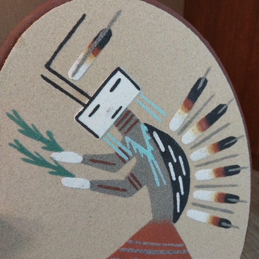 Navajo Sand Painting Signed Native American Sand Art Wall Decor Oval 9x7" READ - Picture 9 of 14